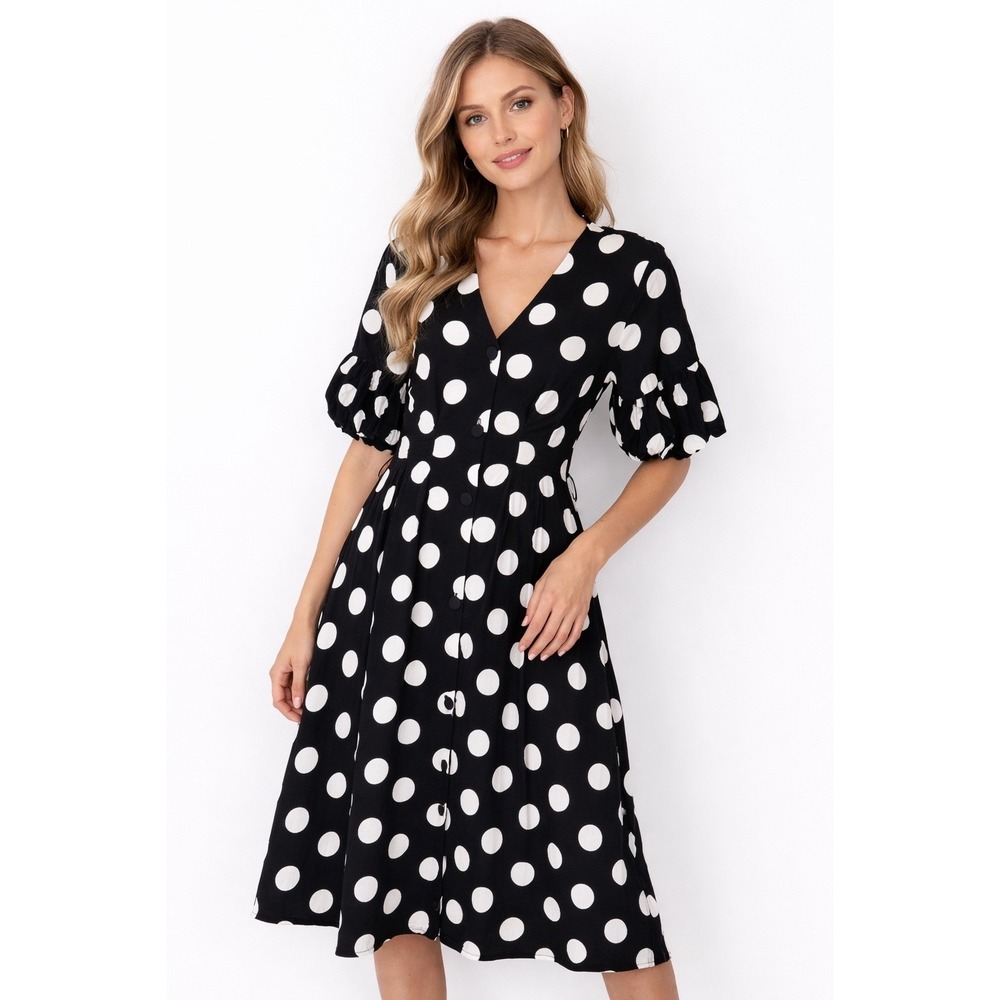 ZARA Black White Polka Dot Dress‎ V Neck Puff Sleeve Button Front L 101-28